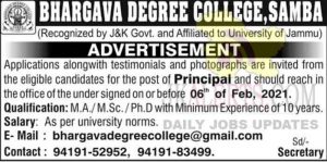 Bhargava Degree College Samba Jobs Recruitment 2021.