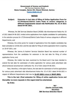 JKSSB Last date Extended for Various posts