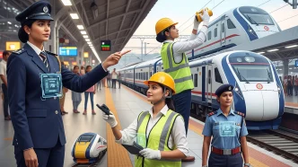 Indian female railway employee standing confidently at a train station, representing railway job opportunities for women in 2025.