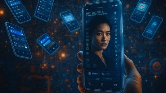 A futuristic hand-held smartphone scanning a digital profile amid floating smart devices