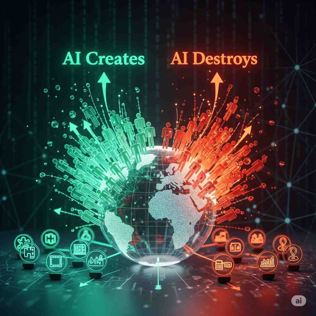 Global comparison of AI-created vs lost jobs in 2025, showing charts and diverse workers adapting to automation