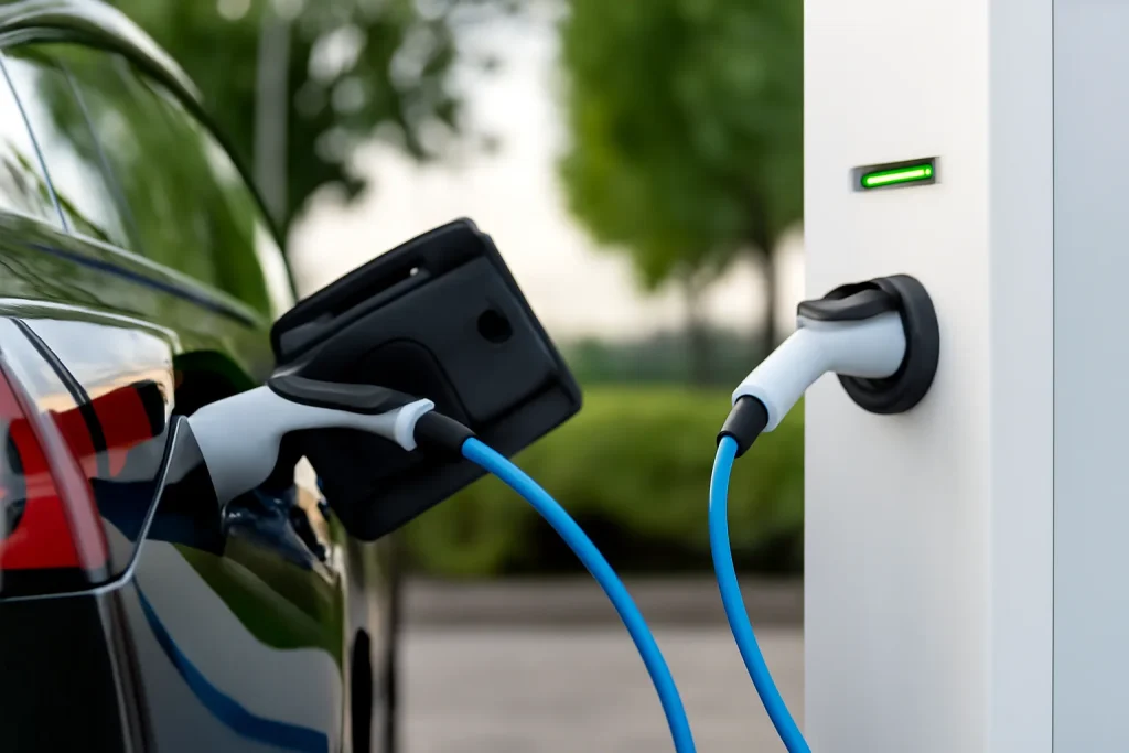 An EV scooter charging at a public station in India