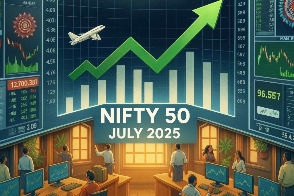 Stock market floor with Nifty 50 chart Latest Market Nifty50 showing bullish trend and green arrow