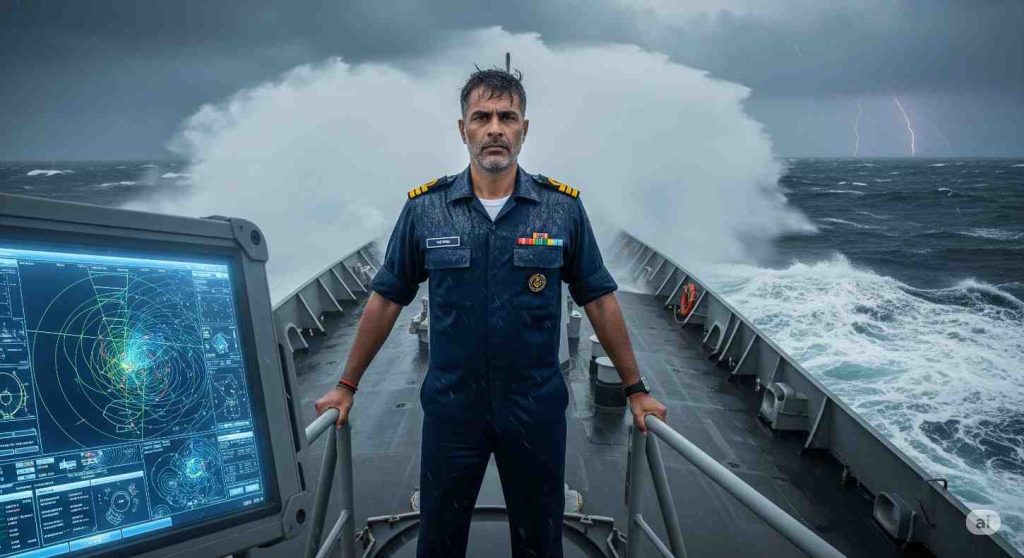 Indian Navy Officer facing rough seas during duty at sea