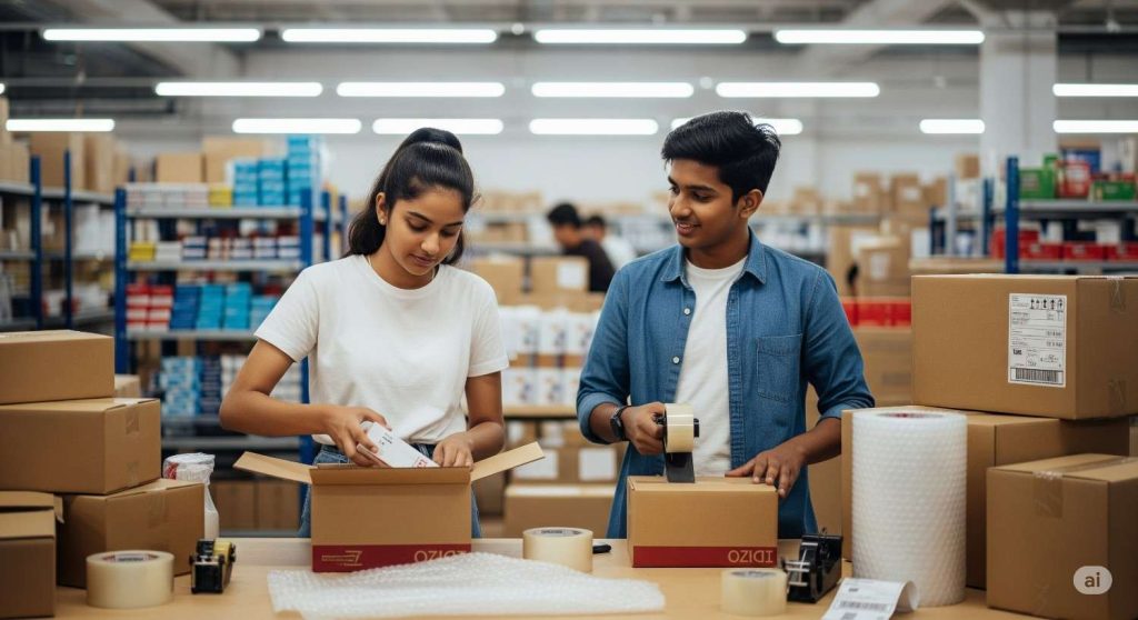 Indian male and female student packaging boxes in a warehouse, depicting part-time jobs in packaging and order fulfillment