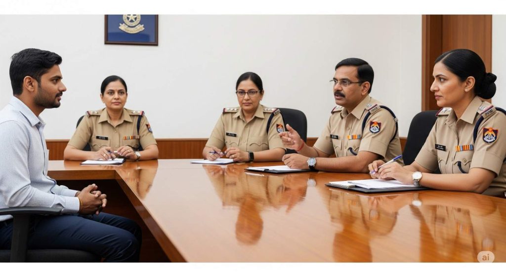 An interview scene with a candidate seated opposite a panel of senior police officials.