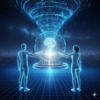 AI Skill Course concept showing humans learning and working with artificial intelligence technology