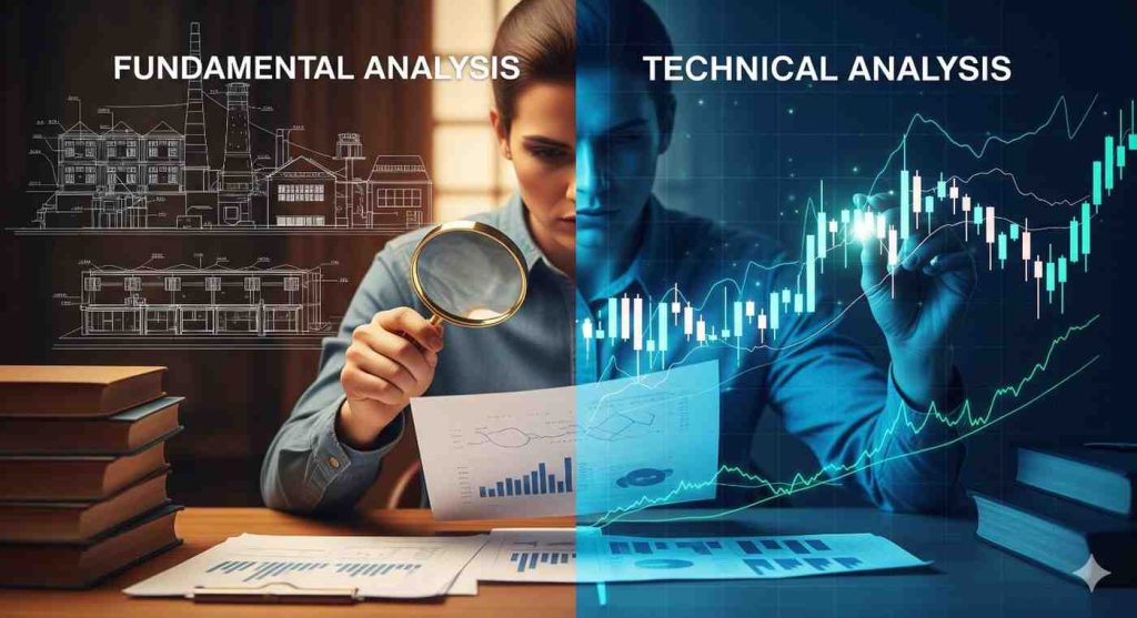 Fundamental vs technical analysis explained as two key approaches in the stock market, comparing long-term value investing with short-term trading strategies.