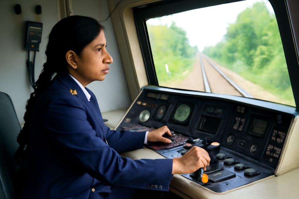Female loco pilot operating a train engine in Indian Railways, wearing uniform and sitting inside the locomotive cabin