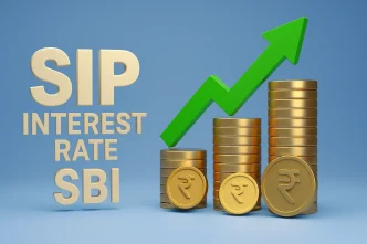 SIP Interest Rate SBI – 3D Coins and Upward Growth Arrow on Blue Background
