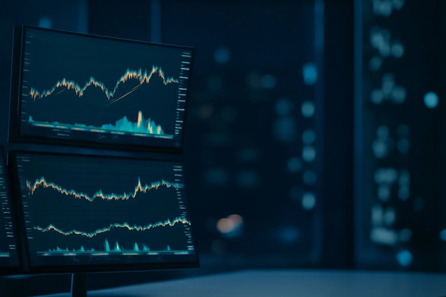 A focused trader analyzing charts on multiple monitors using a swing trading screener to filter profitable short-term stock opportunities