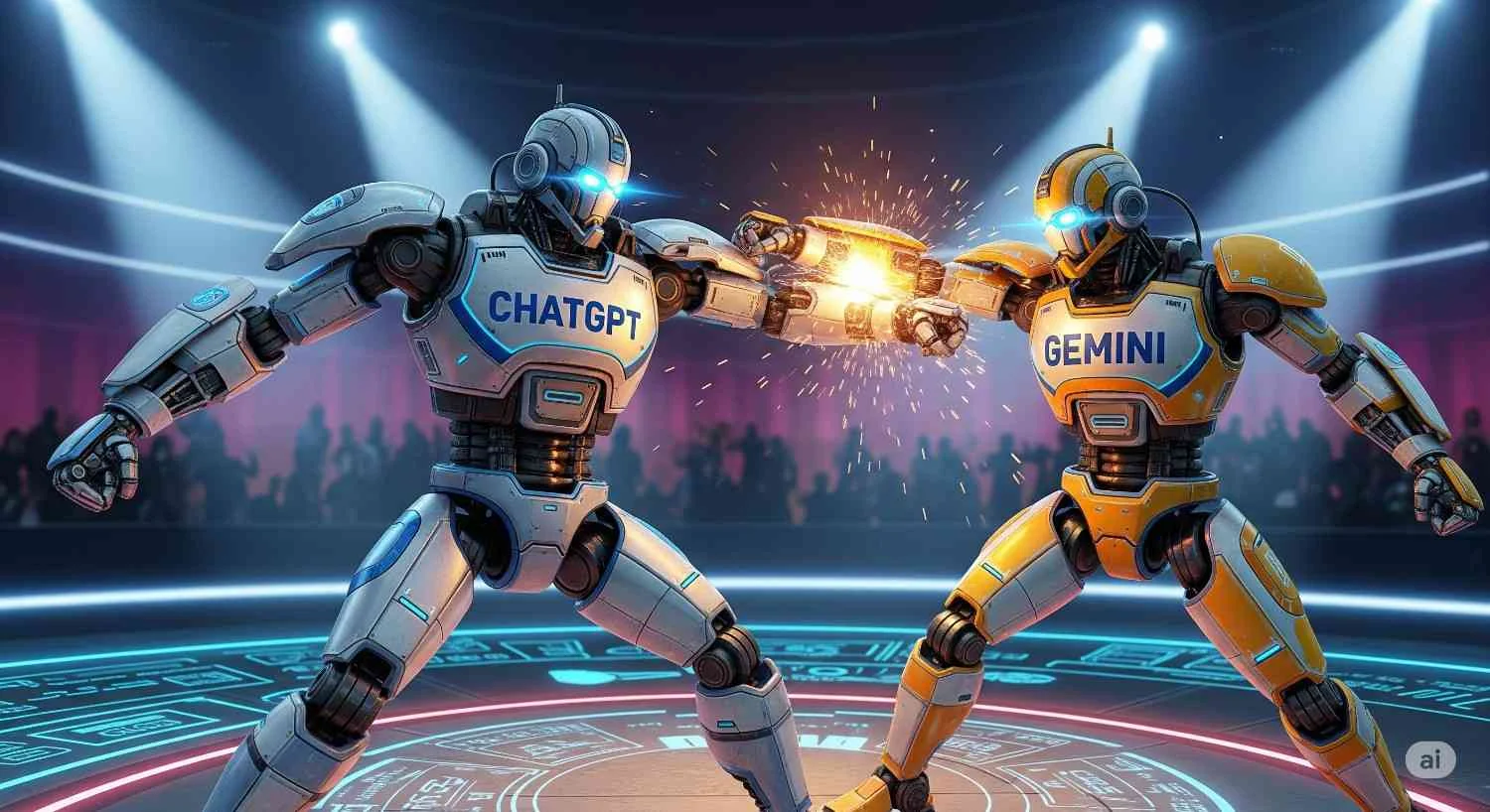 ChatGPT robot and a yellow and orange Gemini robot fighting in a futuristic arena.