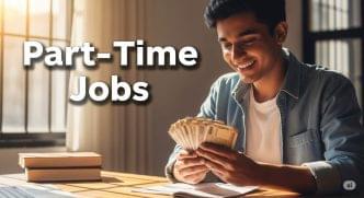 A happy Indian student counting money at a desk payment of Part-Time Jobs