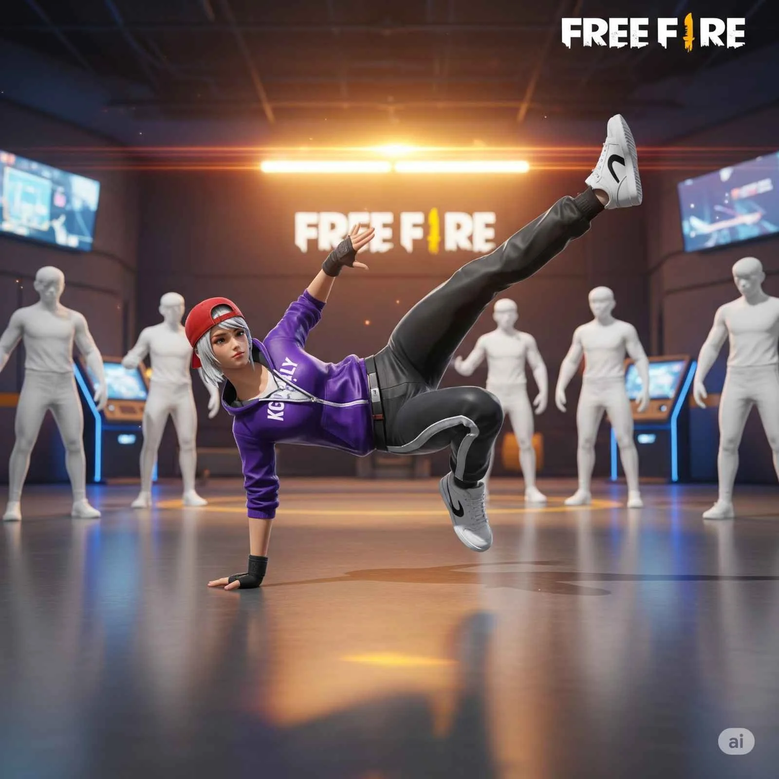 Character doing break dance in lobby