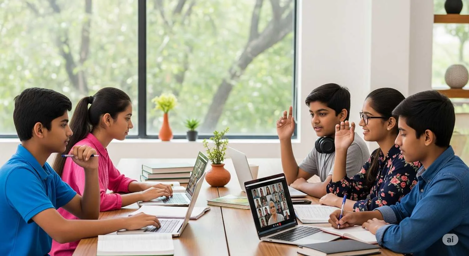five Indian students participating in an online tutoring class, showcasing a modern approach to part-time jobs