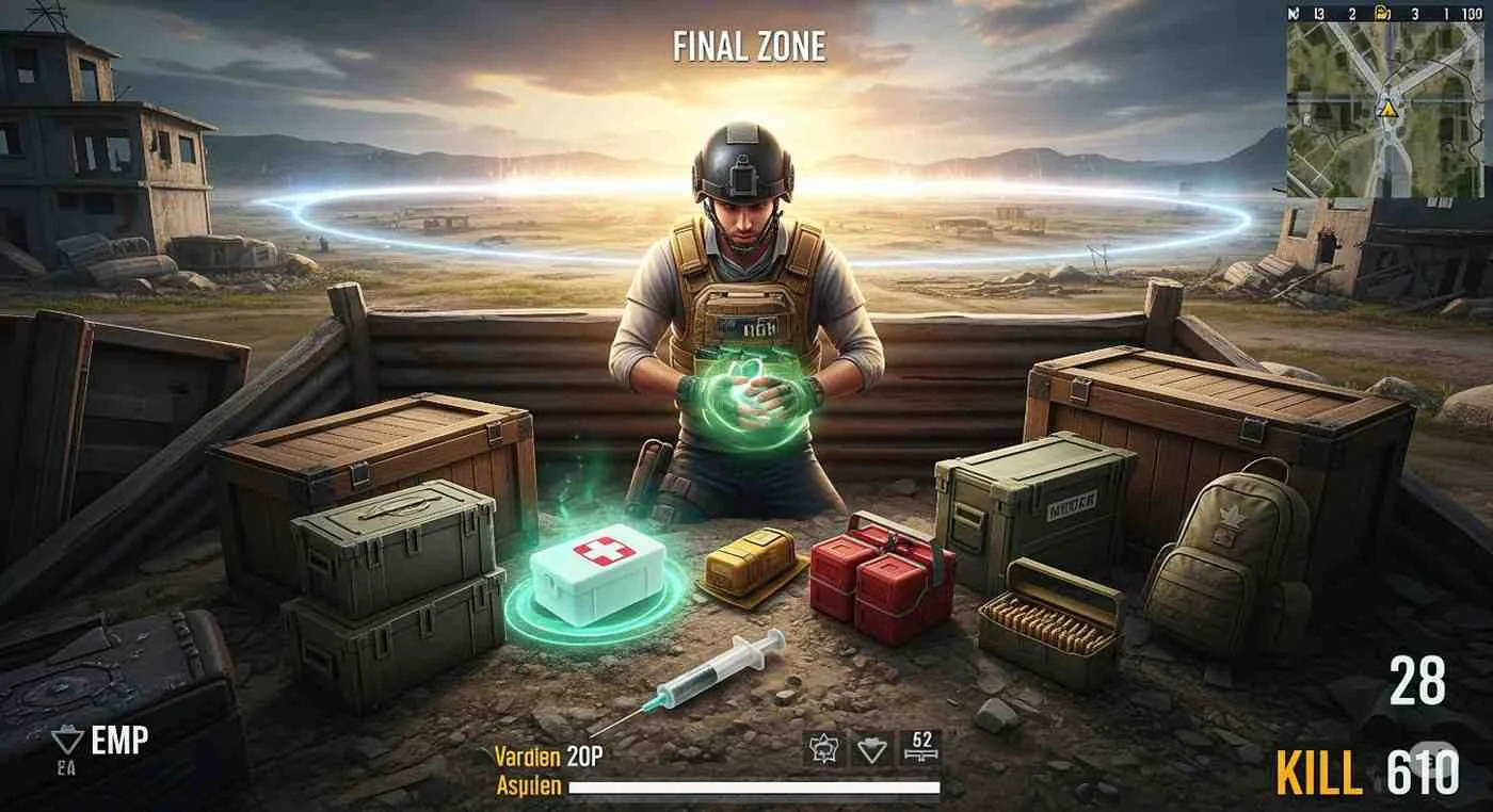 Free Fire Survival Loot used in final zone heal battle strategy with medkits, gloo walls, and EP boost in last circle