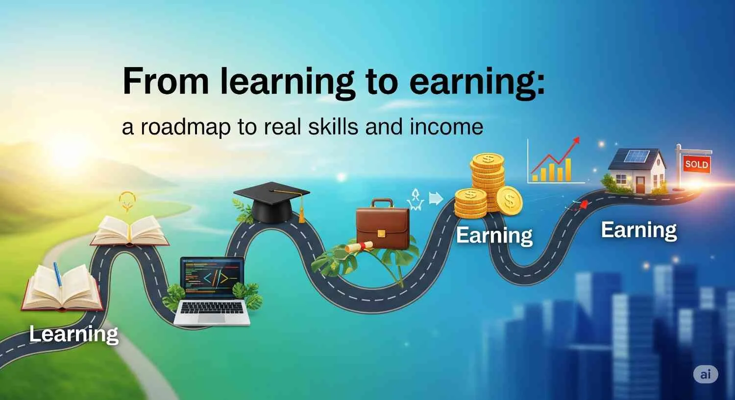 From learning to earning roadmap illustration showing skill development to income generation through digital tools.
