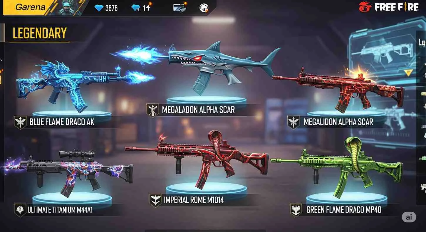 Overview of legendary gun skins in Free Fire showcasing features and special effects.