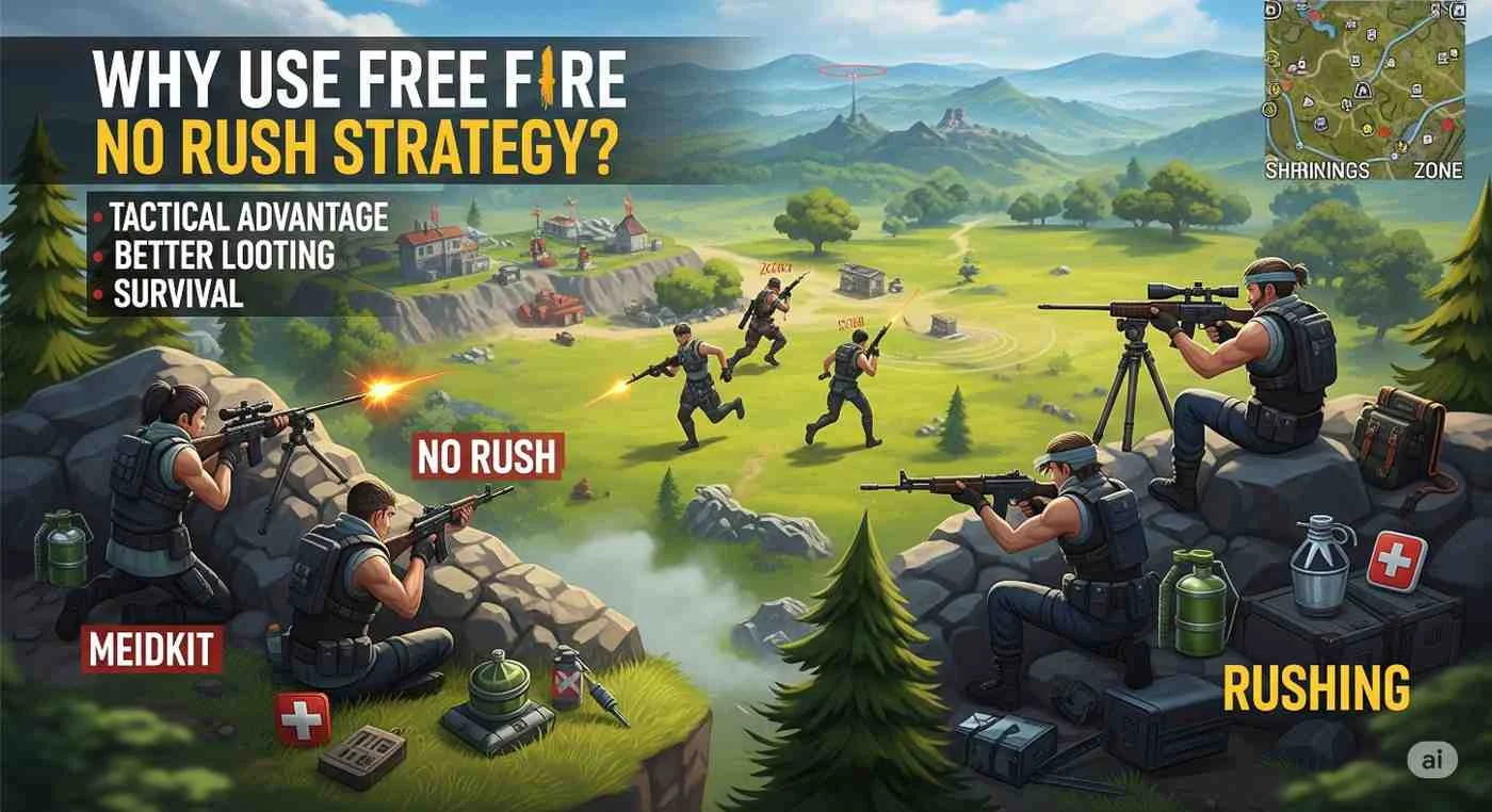 Benefits of using the Free Fire No Rush Strategy including safe rotations, survival tactics, and heal battle wins without aggressive combat